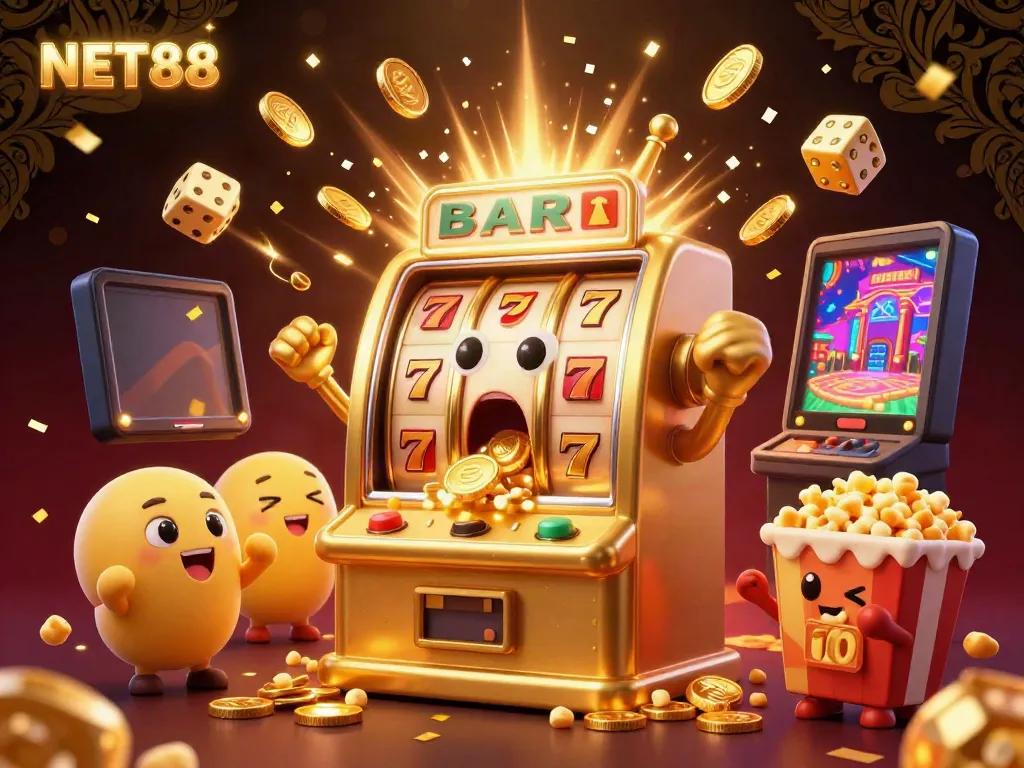 NET88 slot machine celebrating a jackpot with coins and cheerful characters, illustrating online gambling excitement.