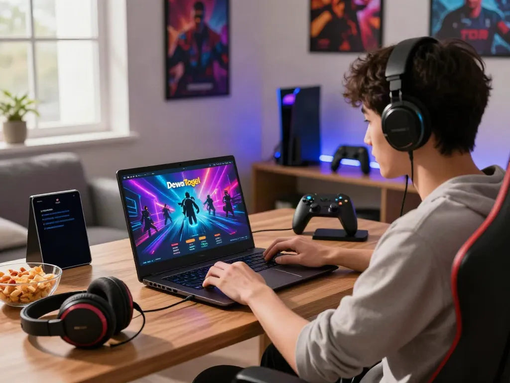 Dewatogel Link Alternatif used in an engaging online gaming environment with vibrant atmosphere and modern gaming setup.