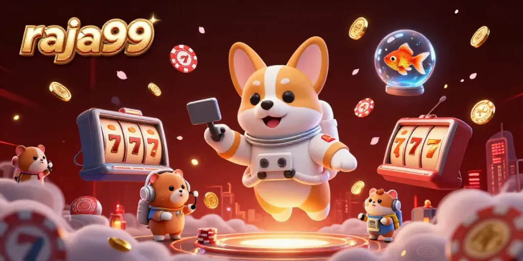 Engage in thrilling gaming adventures at raja99 with a dynamic 3D illustration featuring a corgi astronaut and floating casino elements.
