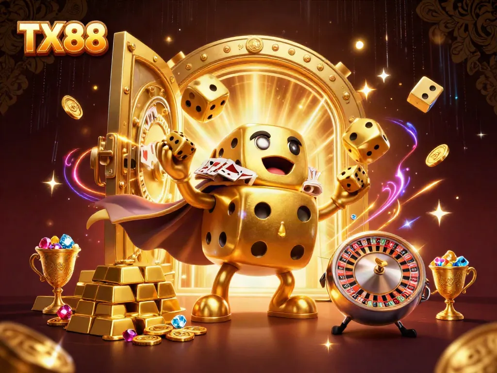Experience excitement at TX88 with a vibrant online casino display featuring gold dice and treasure.
