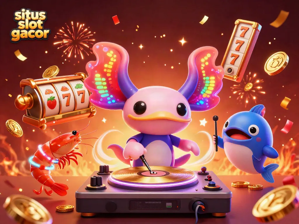 Experience situs slot gacor excitement with vibrant 3D illustrations of a DJ axolotl and dynamic casino elements.