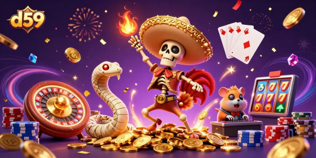 D59 winning players celebrate in a vibrant casino scene with golden coins and festive elements