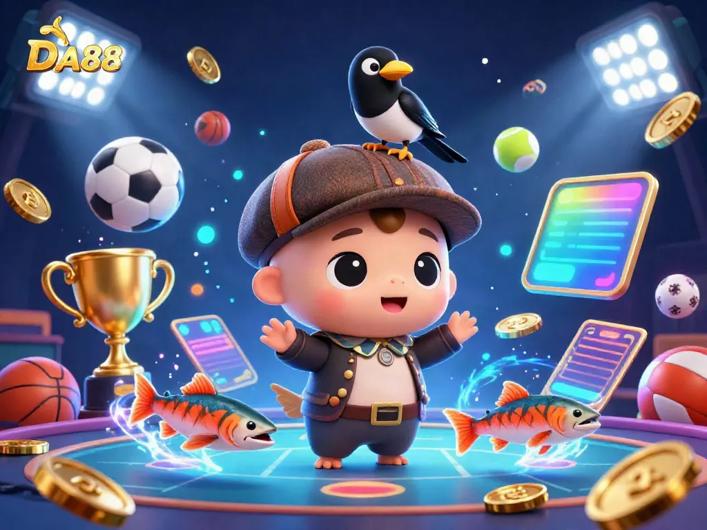 Engage in thrilling betting experiences with DA88’s vibrant cartoon casino scene, showcasing fun characters and dynamic sports elements.