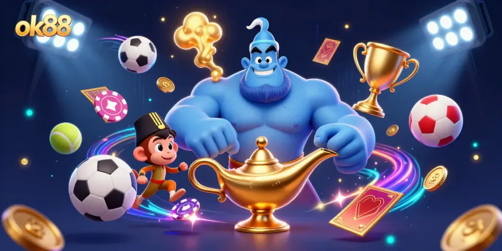 Experience the magic of ok88 with a 3D genie, monkey, and poker chips in a vibrant casino scene.