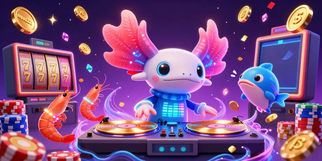 MPO1221 showcases a vibrant 3D casino scene with themes of slots and celebration.
