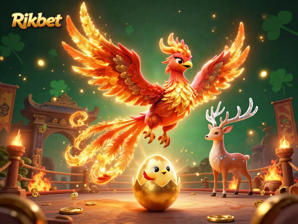 Rikbet casino scene featuring a fire phoenix, a baby phoenix, and a mystical stag amidst gaming tokens.