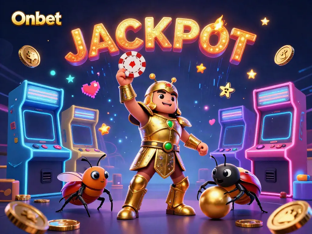 Experience Onbet's thrilling victory with a dynamic 3D scene featuring a heroic beetle and jackpot elements.