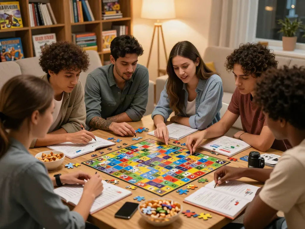 Friends solving logic puzzles together at logikra.net game night.