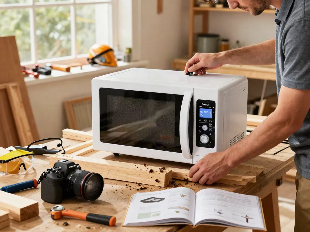 Homeowner using Shashel® microwave device for rapid woodworm elimination in sunny workshop.
