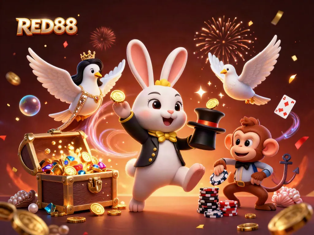 Experience the thrill of winning big with RED88 as a magician rabbit conjures coins in a lively casino scene.