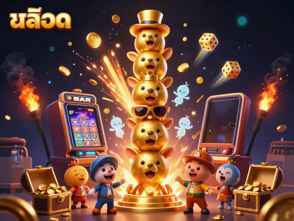Experience exciting สล็อต gameplay with a vibrant 3D illustration of a golden totem bursting with action and energy.
