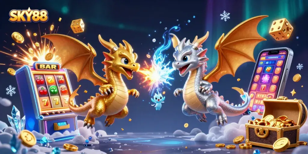Experience excitement with SKY88 as gold and silver dragons intertwine in a jackpot celebration.