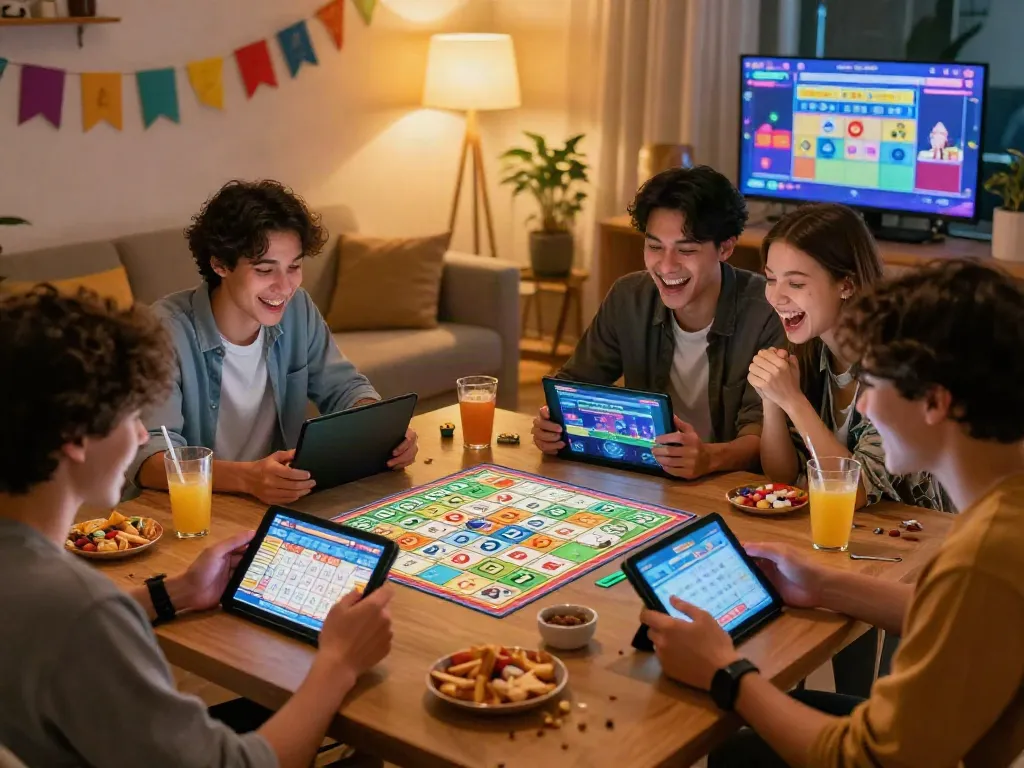 Group enjoying Bingo while checking harga toto in a lively living room.