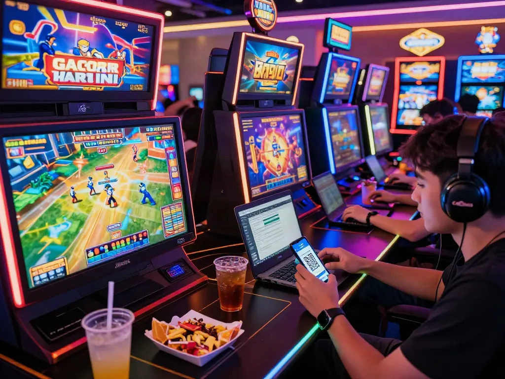 Engaging online gaming scene illustrating slot gacor hari ini with players enjoying vibrant slot machines and fast QRIS deposit transactions.