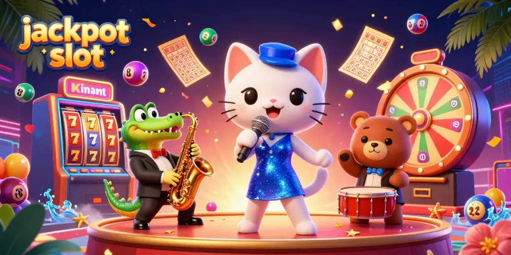 Experience jackpot slot excitement with animated characters and festive casino elements.