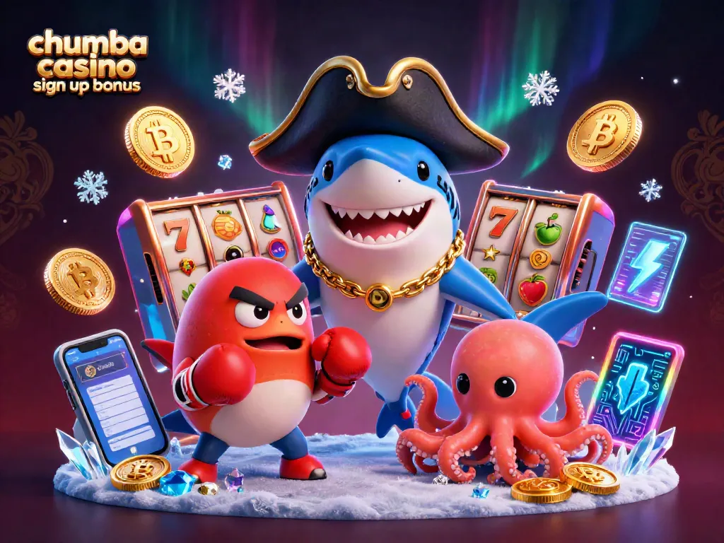 Engage with Chumba Casino sign up bonus in this vibrant 3D illustration featuring dynamic characters and slot game elements.