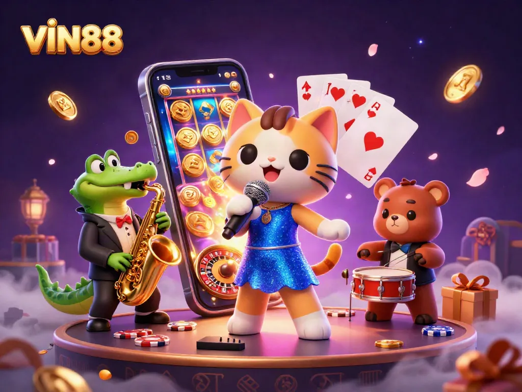 Experience the vibrant and dynamic gaming atmosphere of VIN88 in this colorful casino scene.
