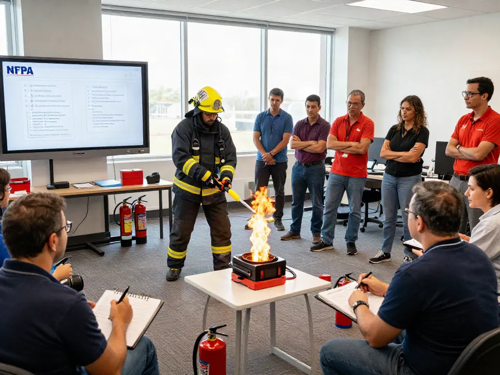 Engaged professionals in NFPA Certification Training session focusing on fire safety techniques.