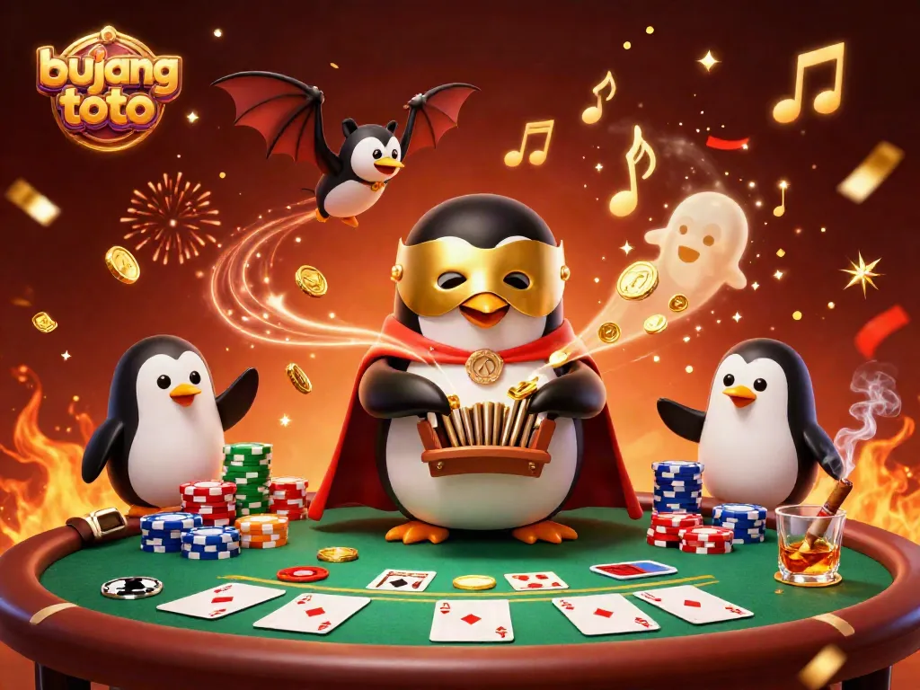 Experience thrilling action at bujang toto, as a penguin plays an organ shooting coins in an energetic casino setting.